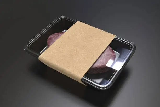 Cajas de productos; empaque de plástico, que contiene carne en su interior y unas manos la sostienen